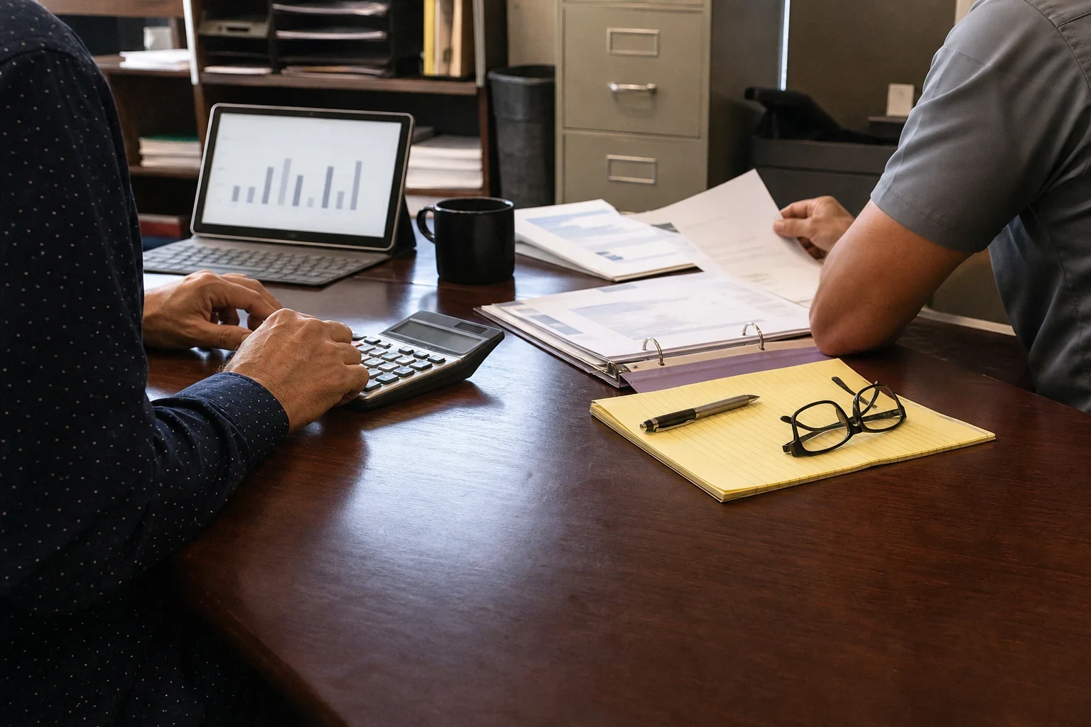 Two people at a wooden office desk, one typing on a calculator beside a tablet showing a bar chart, the other holding printed statements in a binder near a yellow notepad