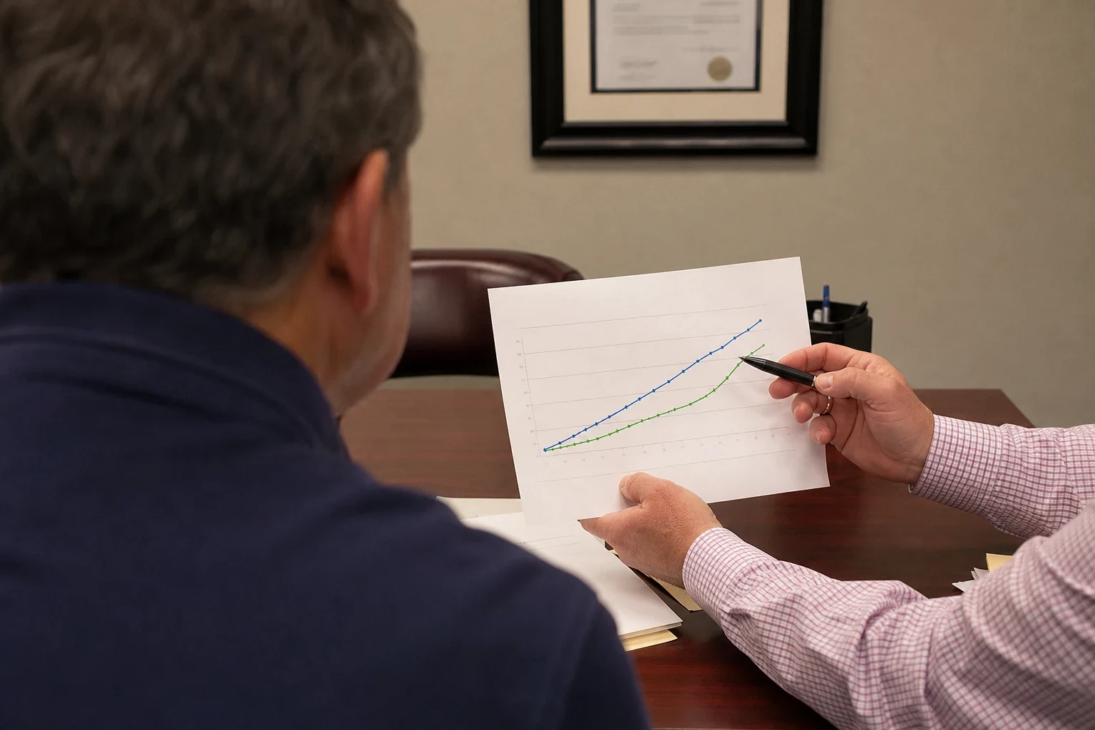 Insurance agent in a checked shirt points a pen at a printed line chart while a gray-haired client looks on across a wooden office desk, framed certificate on the wall