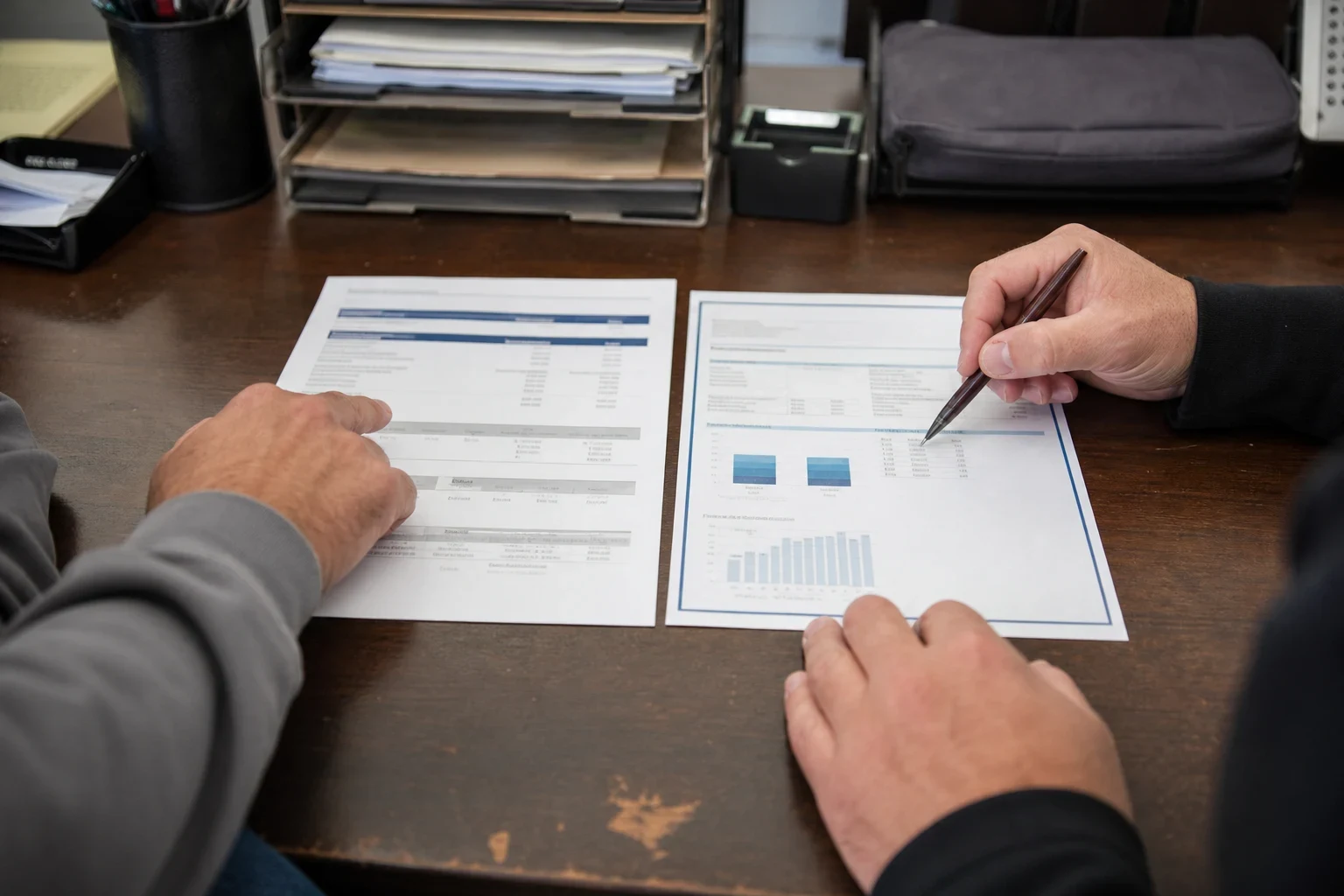 Two people's hands on a worn wooden office desk, one pointing a pen at a coverage chart beside a printed statement laid side by side